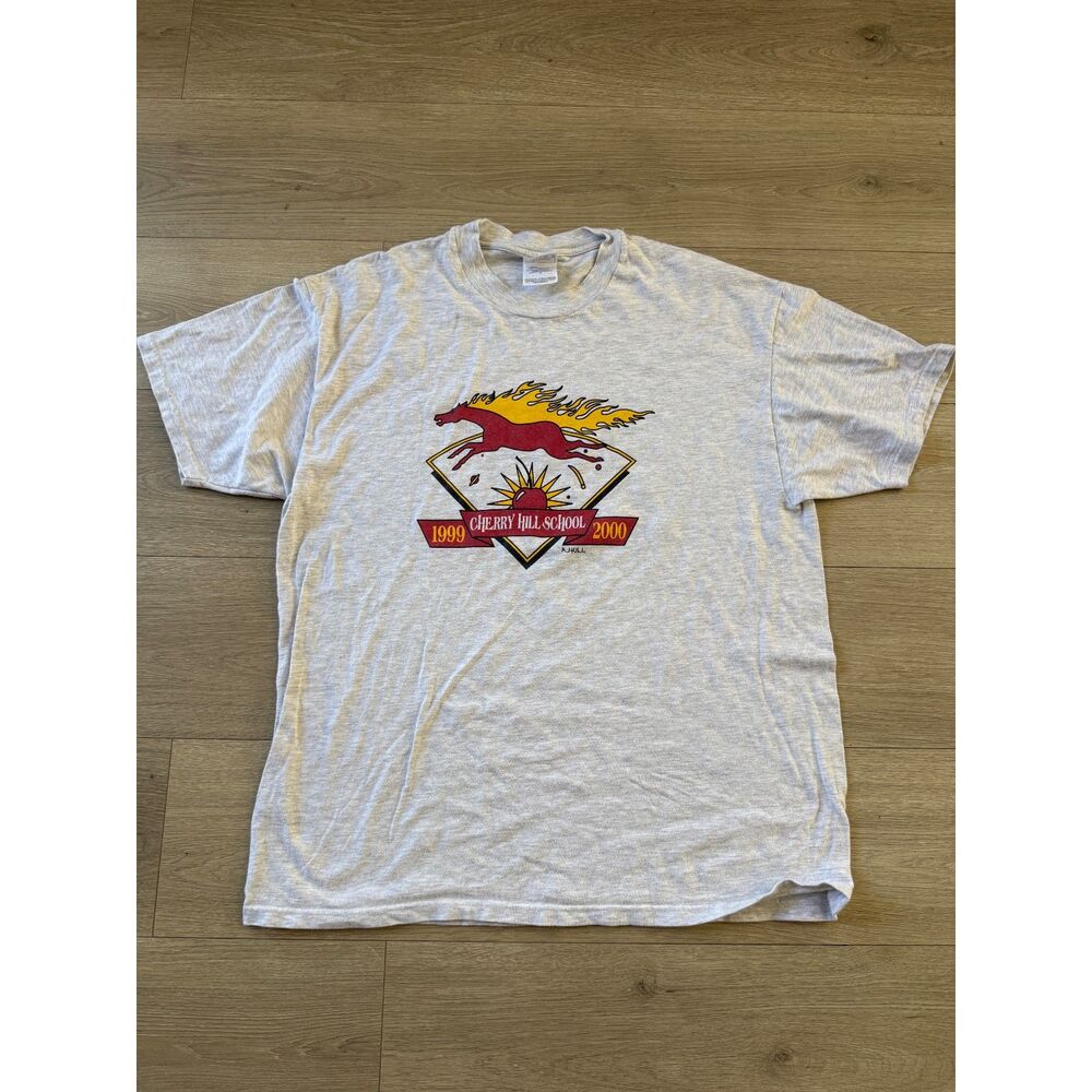 Vintage 1999-2000 Cherry Hill School Graphic Tee Gray Y2K Horse XL